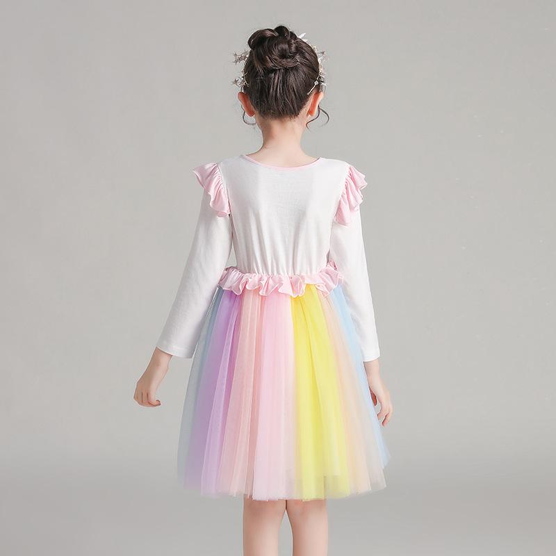 Kid Girl Super Rainbow Long Sleeve Flower Princess Dress