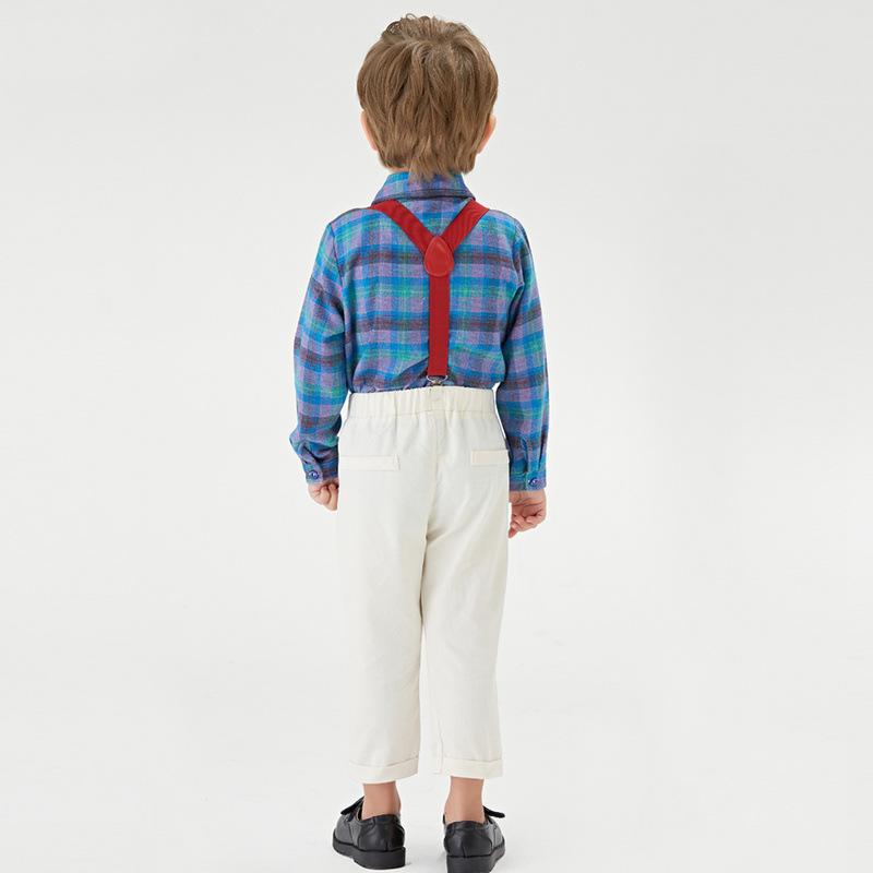 Kid Baby Boy Plaid Long Sleeve Suspender 2 Pcs Set Suits