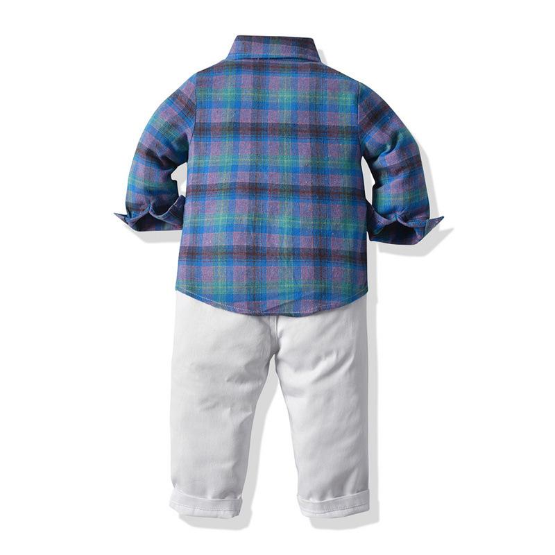 Kid Baby Boy Plaid Long Sleeve Suspender 2 Pcs Set Suits