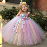 Kids Girls Pastel Unicorn Flower Tutu Crochet Tulle Daisy Ribbons Party Dress