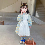 Kid Baby Girls Long Sleeve Floral Lolita Dress Cotton Dress With Apron