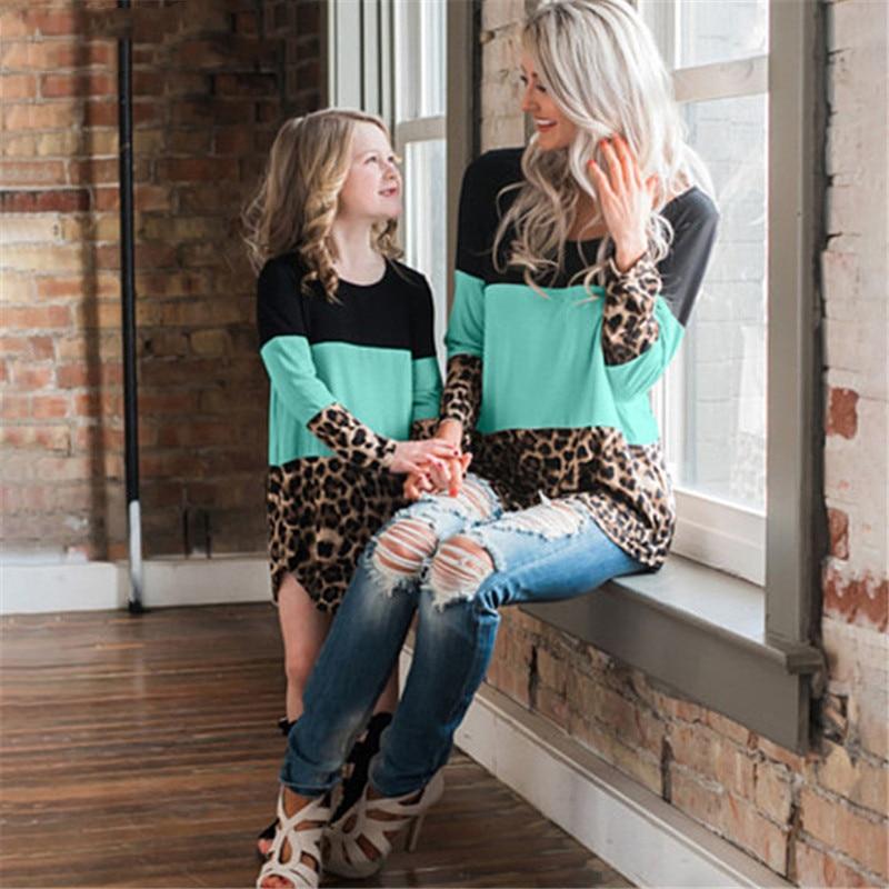 Family Matching Dresses Autumn Leopard Patchwork Shirts