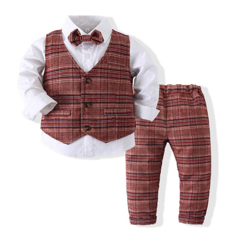 Plaid Gentleman Suit Baby Kid Boy Handsome Formal Sets 2 Pcs