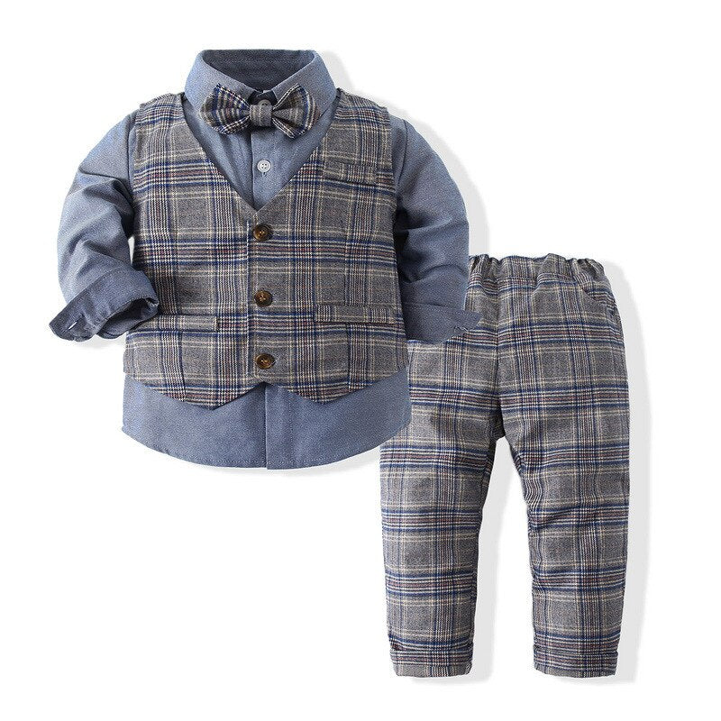 Plaid Gentleman Suit Baby Kid Boy Handsome Formal Sets 2 Pcs
