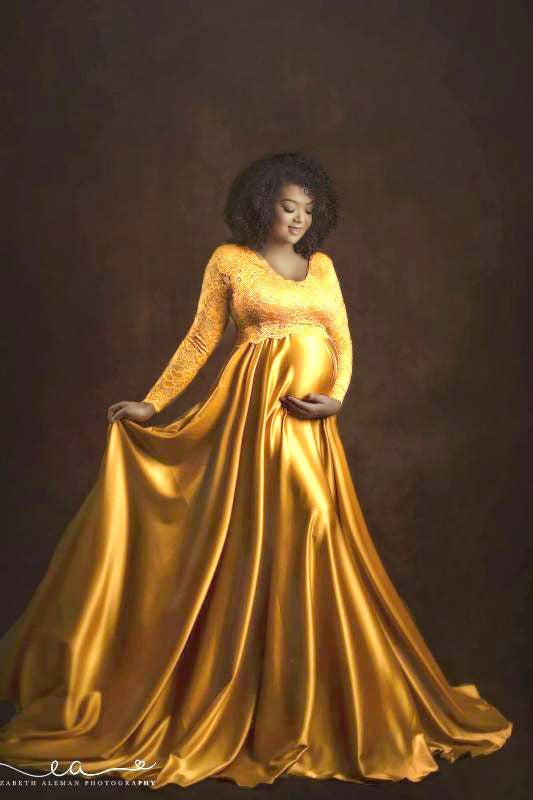Maternity Long-sleeved Lace Stitching Silk Trailing Dress