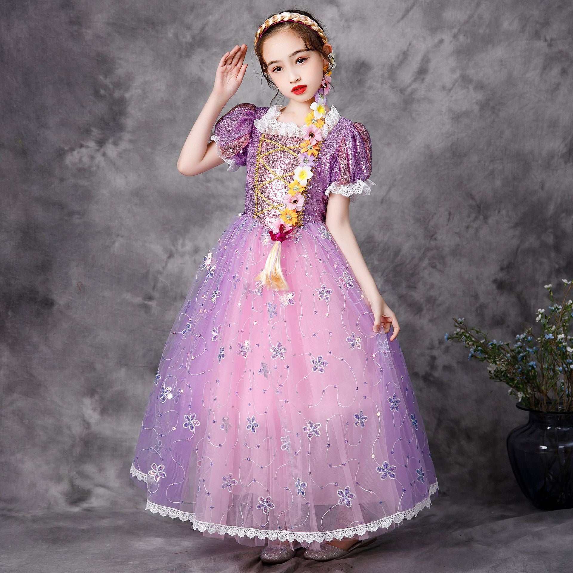 Kid Baby Girl Long-haired Princess Shiny Elegant Girl Dress