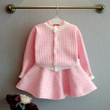 Kid Baby Girl Autumn Plaid Knitted Suit Cardigan Sweater 2 Pcs Sets