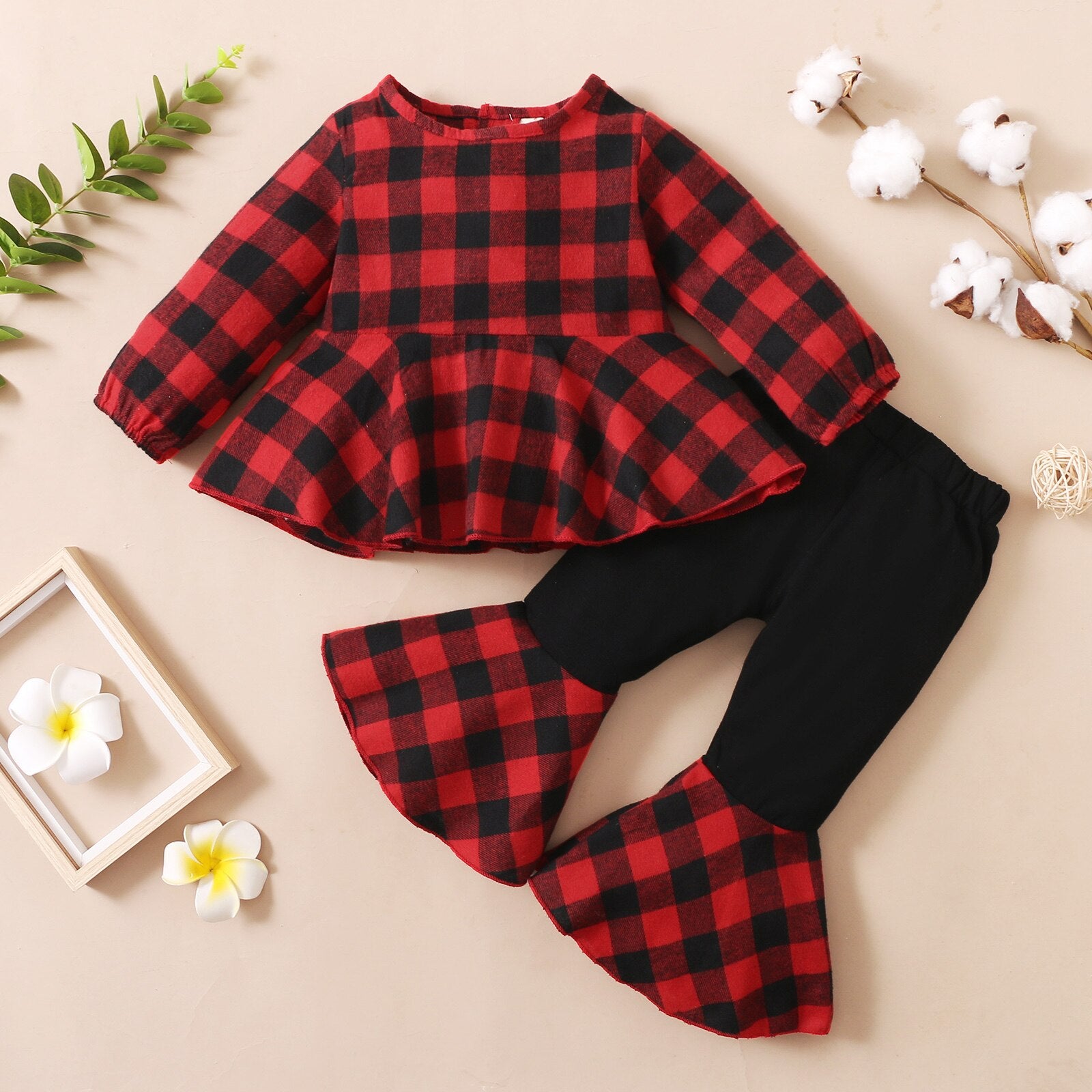 Kid Baby Girls Outfit Sweet Plaid Long Sleeve 2 Pcs Sets