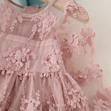 Autumn Kids Girl Pink Long Sleeve Flower Lace Dress