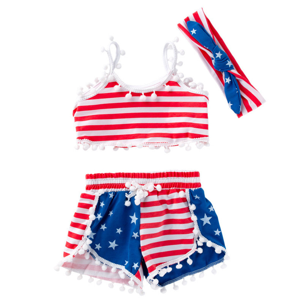 Baby Girls 4th-of-July Independence Day Sleeveless Tassels Stars Stripes Sets