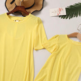Family Dresses Solid Color Round   Short-sleeved T-shirt Summer Dress