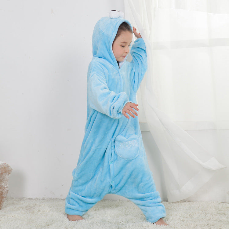 Kid Baby Boy Flannel Blue Sesame Cartoon Animal One-piece Pajamas