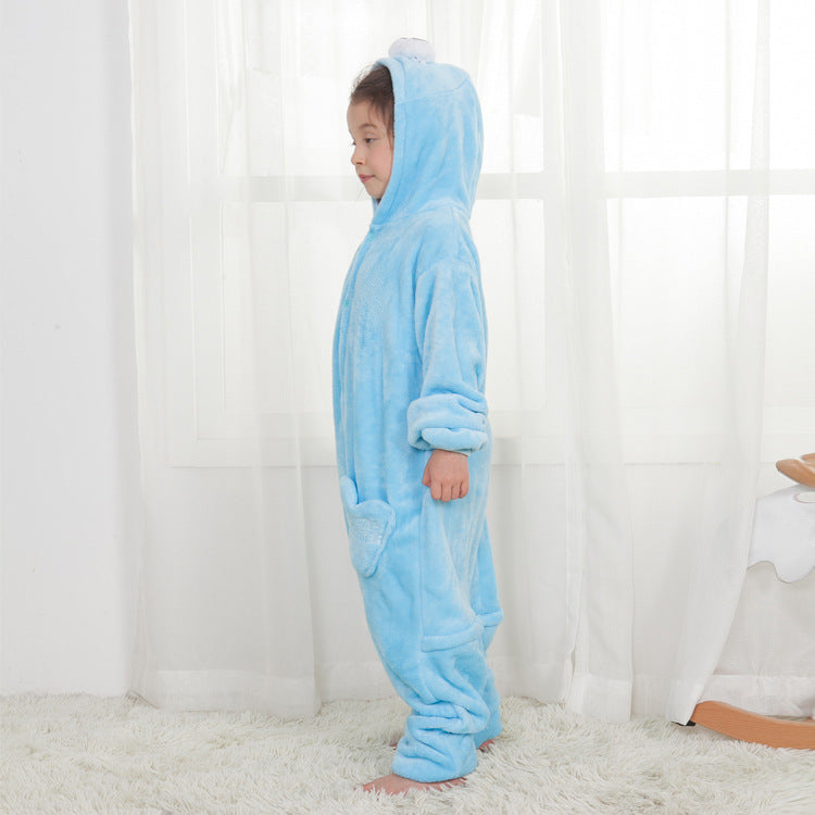 Kid Baby Boy Flannel Blue Sesame Cartoon Animal One-piece Pajamas