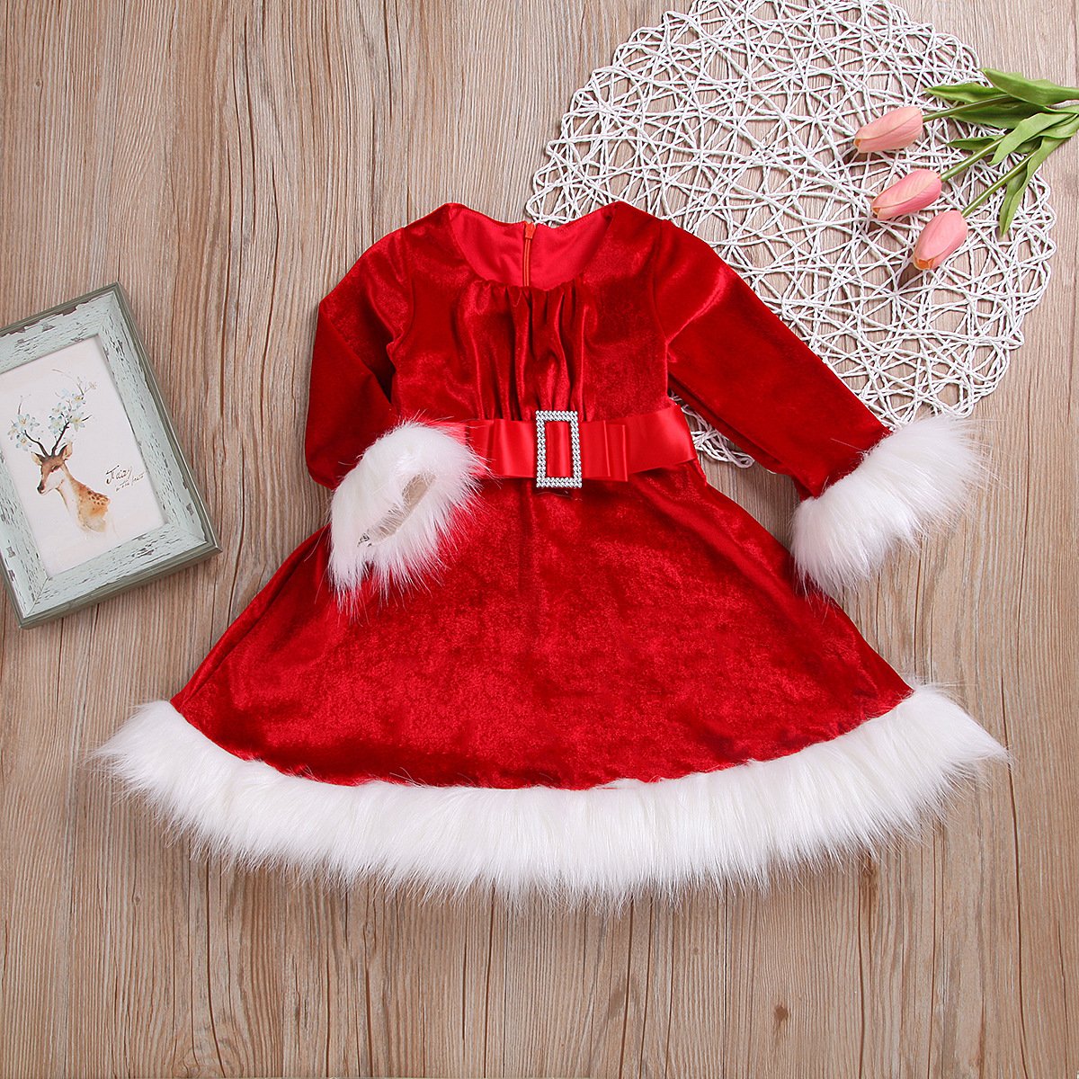 Kid Baby Girl Christmas Fur Edge Red Dresses