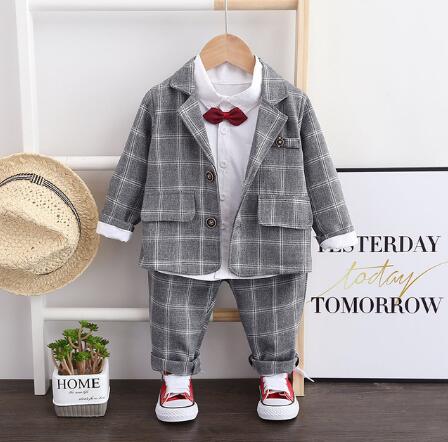 Spring Baby Kid Boy Cotton Formal Plaid Sets 3 Pcs