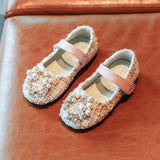 Kid Baby Girls Leather Shoes Fashion Grid Pearl Rhinestone Princess Shoes