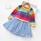 Kid Baby Girls Casual Long Sleeve Rainbow Striped Patchwork Mesh Dresses 2-8 Years