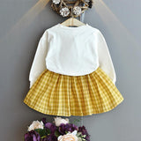 Kid Baby Girl Autumn Embroidered Long Sleeve Plaid Skirt Dress 2 Pcs Set
