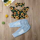 Kid Baby Girl Off Shoulder Sunflower Print Top Denim Sets 2 Pcs