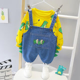Kid Baby Boys Sets Dinosaur Printed Top + Denim Overalls 2Pcs Suits