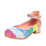 Girls Princess with Low Heel Sequin Mixed Rainbow Color Dance Party Shoes