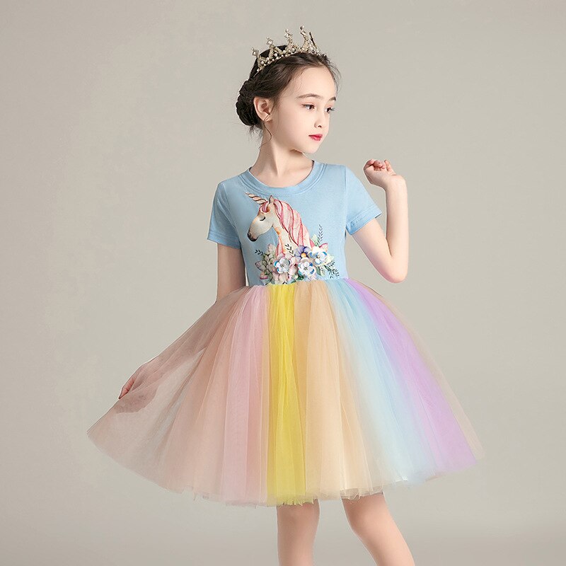 Kid Girl Summer Short-sleeved Rainbow Gauze Unicorn Dress