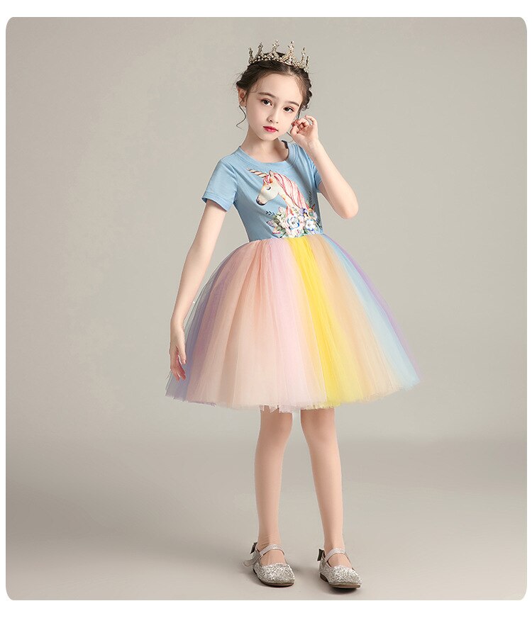 Kid Girl Summer Short-sleeved Rainbow Gauze Unicorn Dress