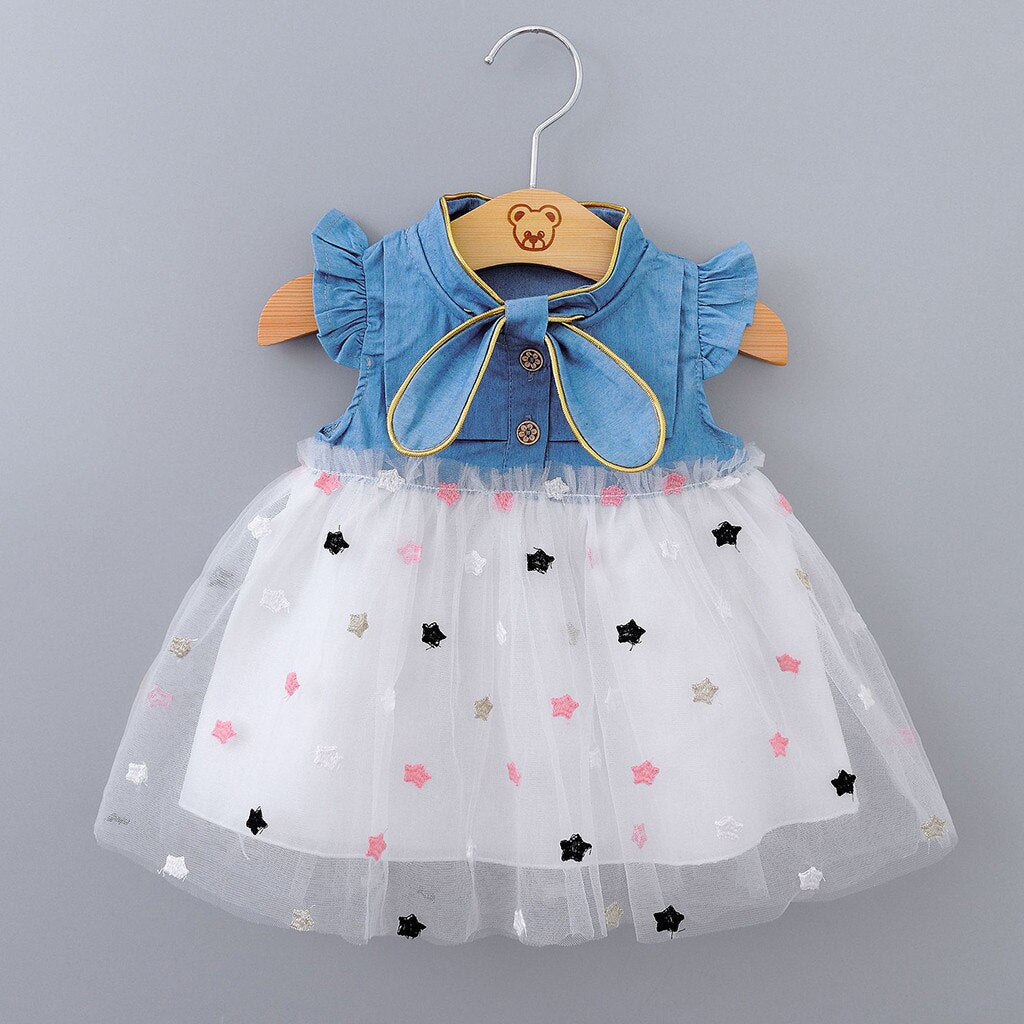 Baby Girls Princess Gauze Star Denim Dresses