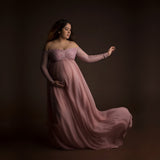 Maternity Pink Long Chiffon Photography Dress Lace Photo Shoot Prop