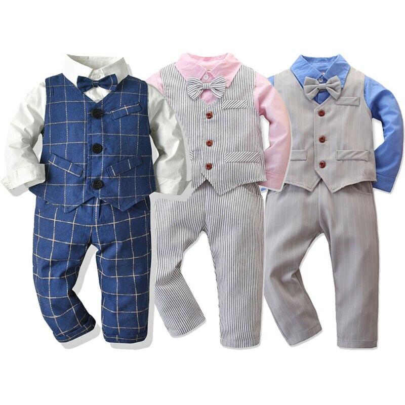 Kids Toddler Baby Boy Autumn Spring Long Sleeve Button Tie T-shirt Tops+Pants Gentleman Outfits 3PCS - honeylives