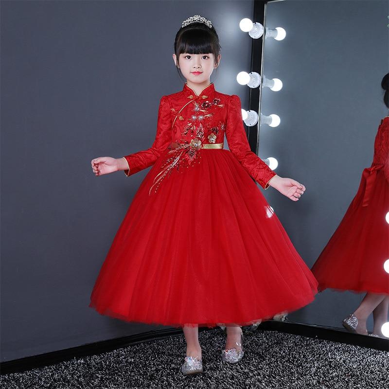 Kid Baby Girl Exquisite Red Long Sleeves Flower little  Dresses
