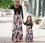 Family Matching Long Sleeve Printed Mother Daughter Long Dress