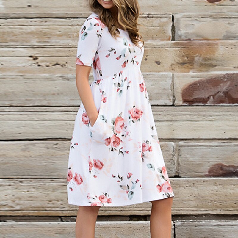 Family Matching Short-Sleeve Dresses Summer Floral Printed Mid-Dress