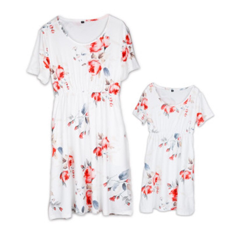 Family Matching Short-Sleeve Dresses Summer Floral Printed Mid-Dress