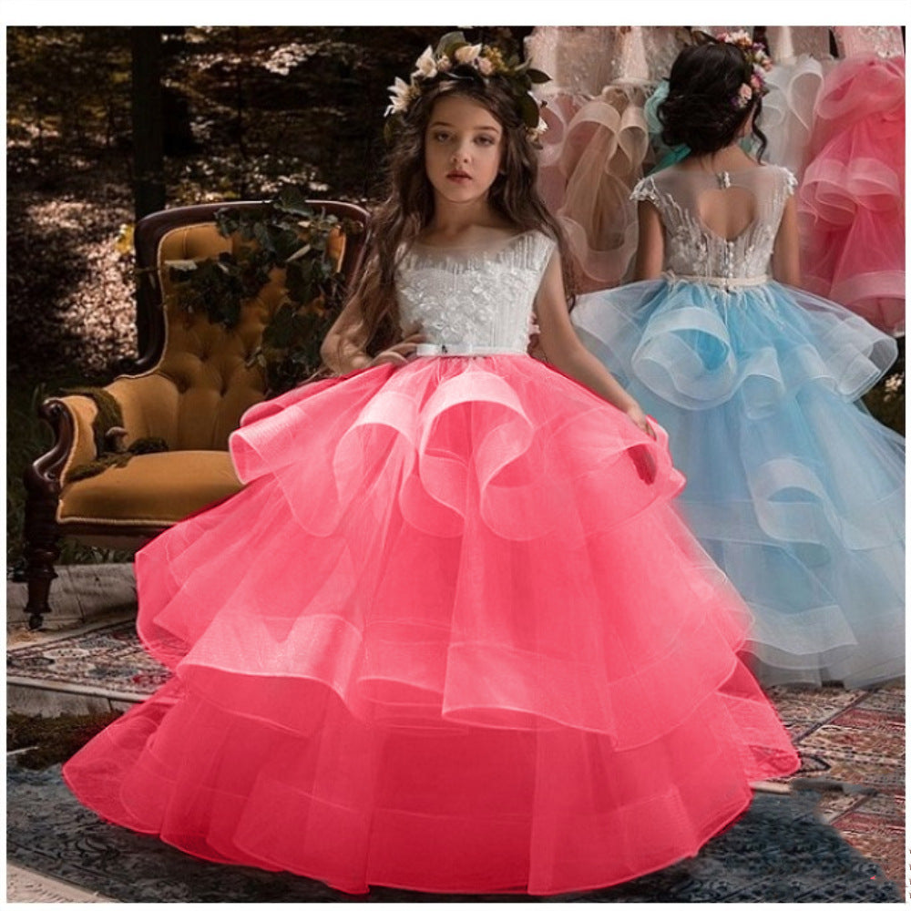 Kid Flower Girls Bridesmaid Applique Lace Birthday Costume Party Princess Dress