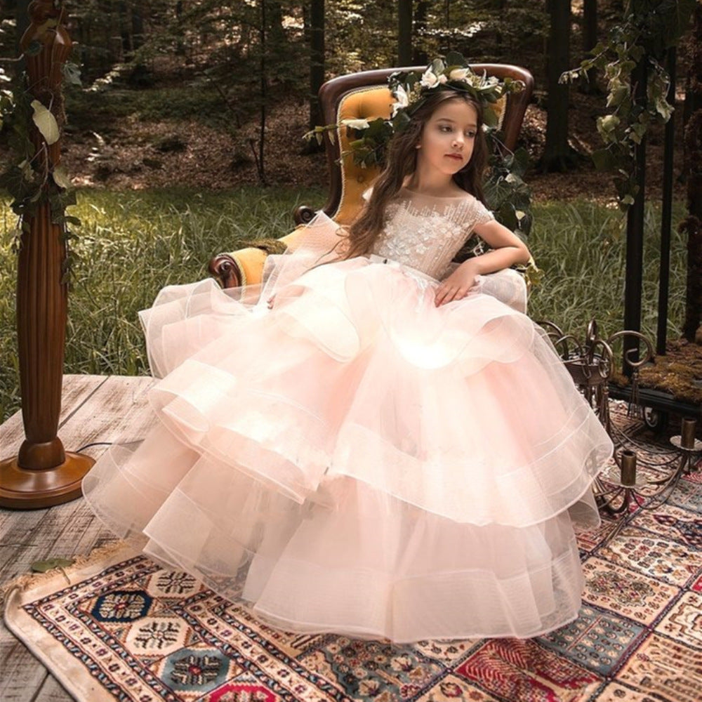 Kid Flower Girls Bridesmaid Applique Lace Birthday Costume Party Princess Dress