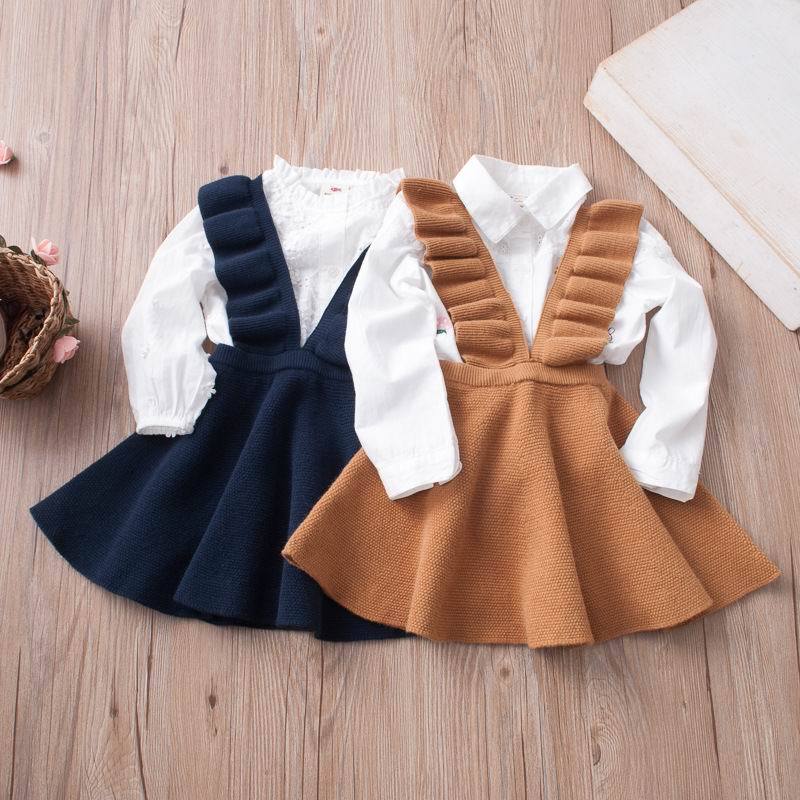 Kid Baby Girls Knitted Skirts Flare Sleeve Strap Dress