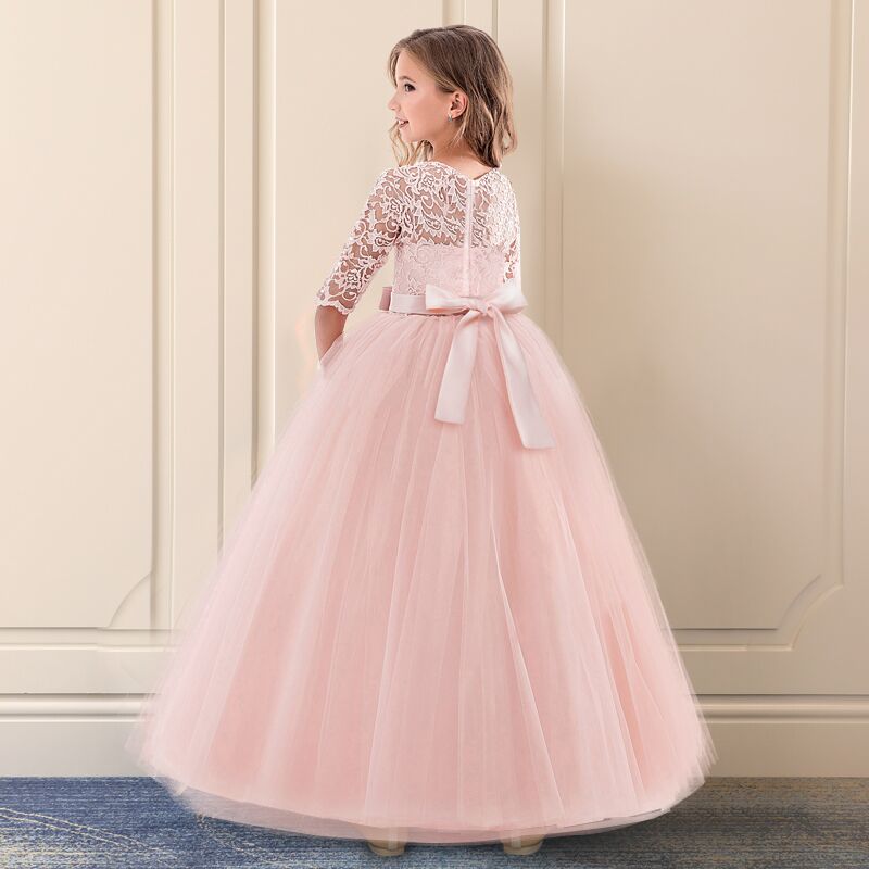 Kid Girls Lace Half Sleeve DressTulle Lace Wedding Princess Costume