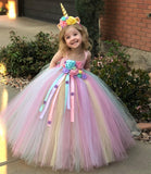 Kids Girls Pastel Unicorn Flower Tutu Crochet Tulle Daisy Ribbons Party Dress