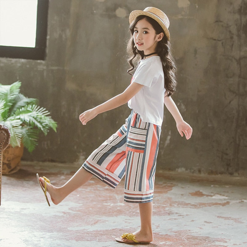 Kid Girl White Tops Striped  Wide-leg Sets
