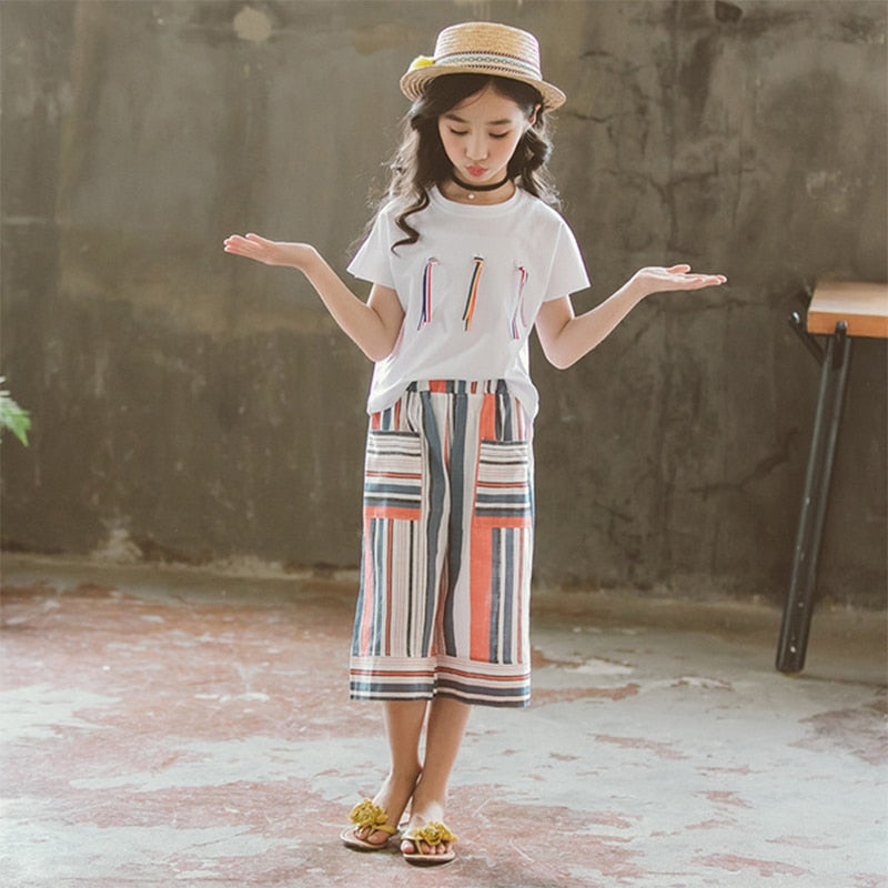 Kid Girl White Tops Striped  Wide-leg Sets