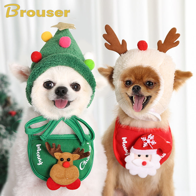 Pet Christmas Hat Cute Antlers Saliva Towel Multicolored Balls
