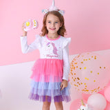 Kid Baby Girls Unicorn  Party Princess Patchwork Flying Sleeve Dress