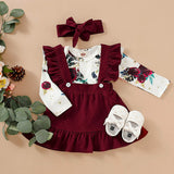 Baby Girl Long-Sleeve Floral Jumpsuit+Solid Dress+Headband 3Pcs Set