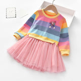 Kid Baby Girls Casual Long Sleeve Rainbow Striped Patchwork Mesh Dresses 2-8 Years
