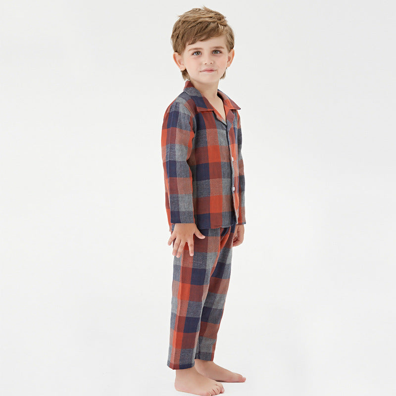Boys and Girls Casual Plaid Long-sleeved Trousers Two-piece Pajamas