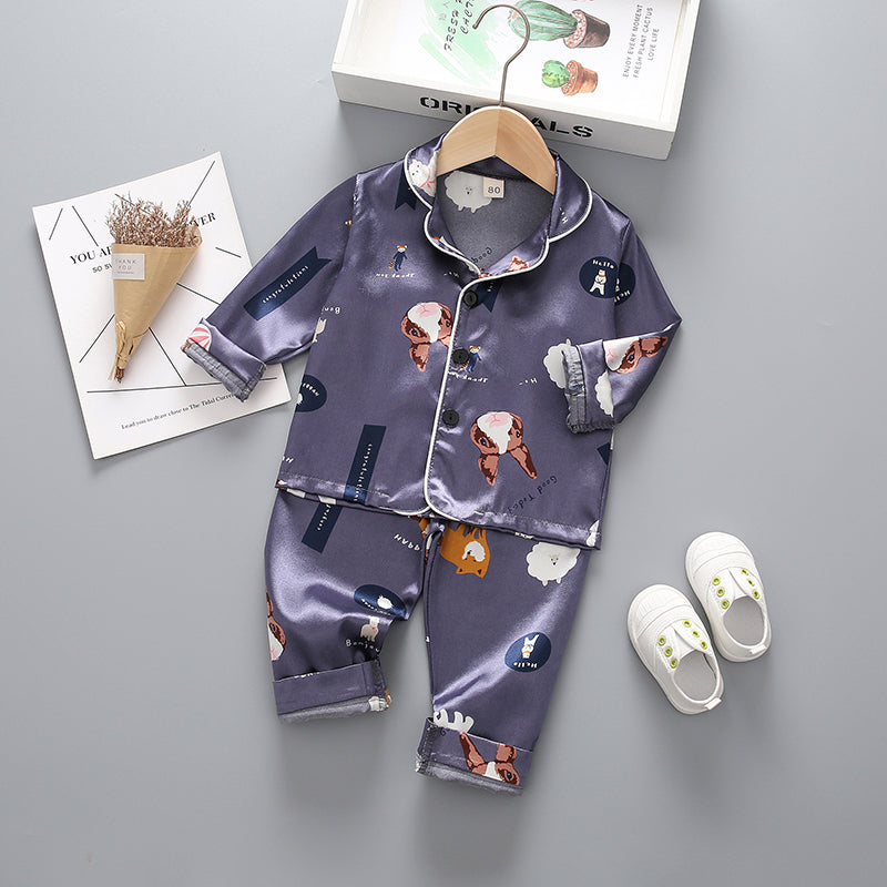 Kid Baby Girl Boy Silk Cartoon Animal Print Sleepwear Pajamas