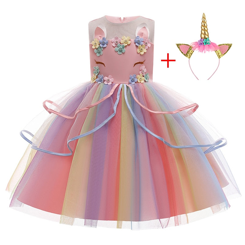 Kids Baby Girl Unicorn Embroidery Flower Ball Gown Princess Dresses