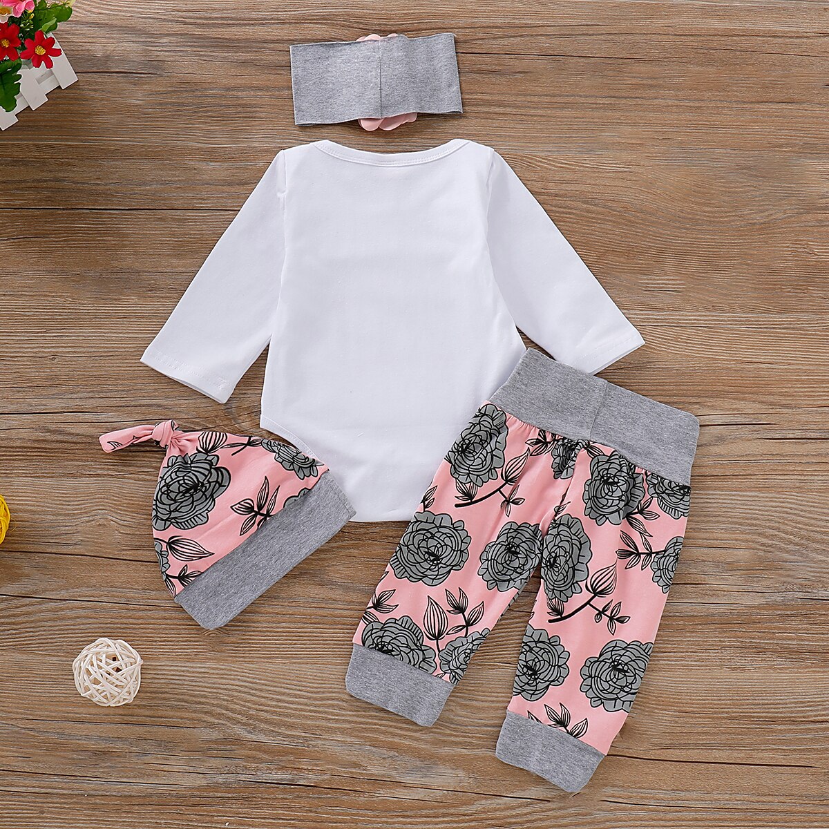 Baby Girl Floral Print Long-sleeve Bodysuit Set 4 Pcs
