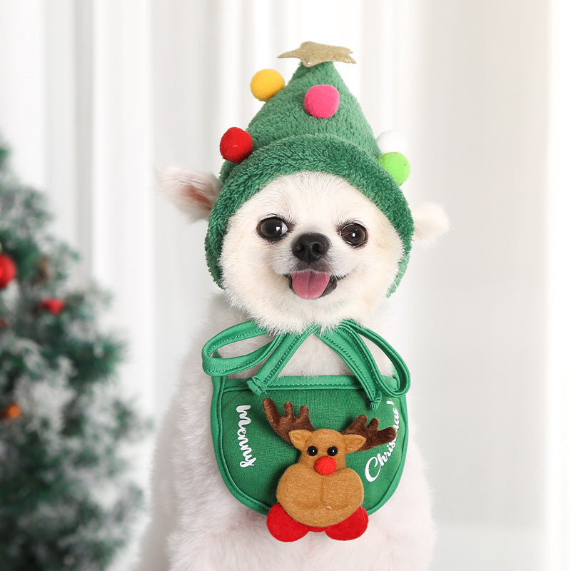 Pet Christmas Hat Cute Antlers Saliva Towel Multicolored Balls